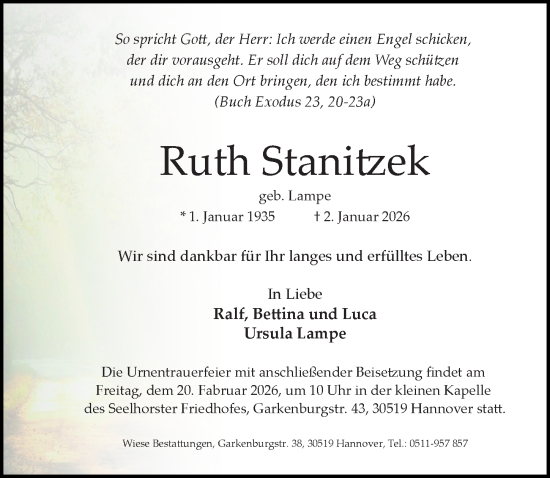 Traueranzeige von Ruth Staniek von Hannoversche Allgemeine Zeitung/Neue Presse