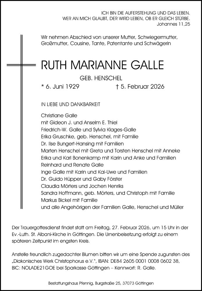  Traueranzeige für Ruth Marianne Galle vom 21.02.2026 aus Göttinger Tageblatt