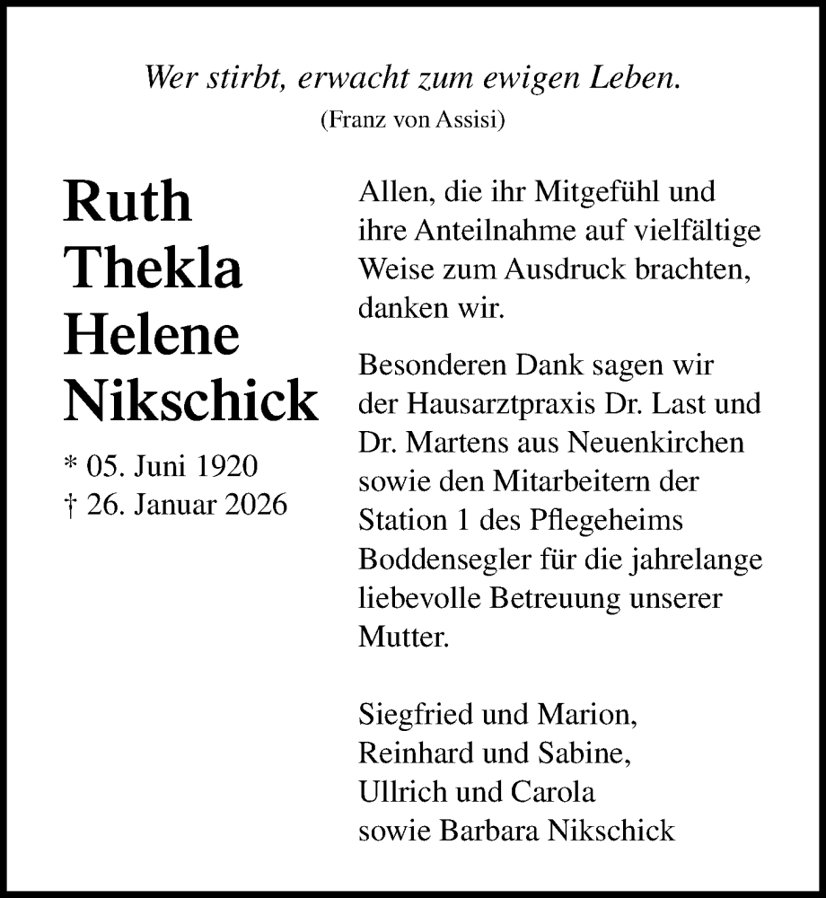  Traueranzeige für Ruth Thekla Helene Nikschick vom 14.02.2026 aus Ostsee-Zeitung GmbH