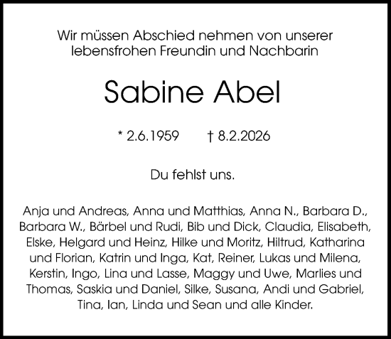 Traueranzeige von Sabine Abel von Hannoversche Allgemeine Zeitung/Neue Presse