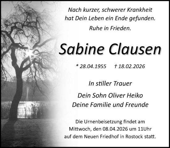 Traueranzeige von Sabine Clausen von Ostsee-Zeitung GmbH