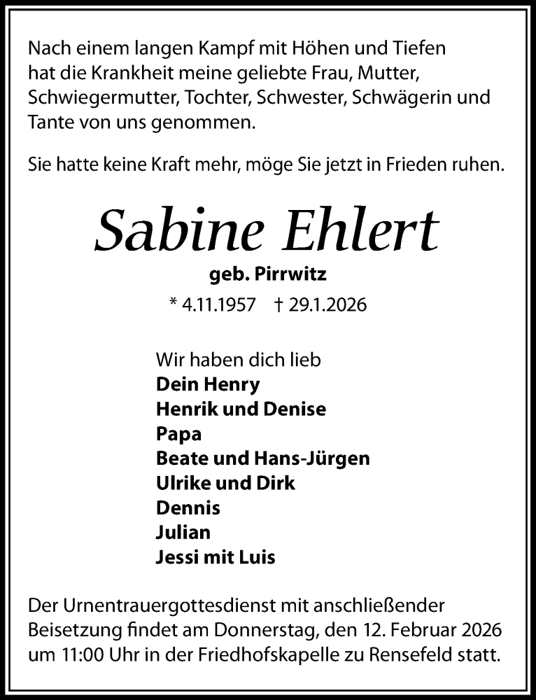 Traueranzeige für Sabine Ehlert vom 08.02.2026 aus Lübecker Nachrichten