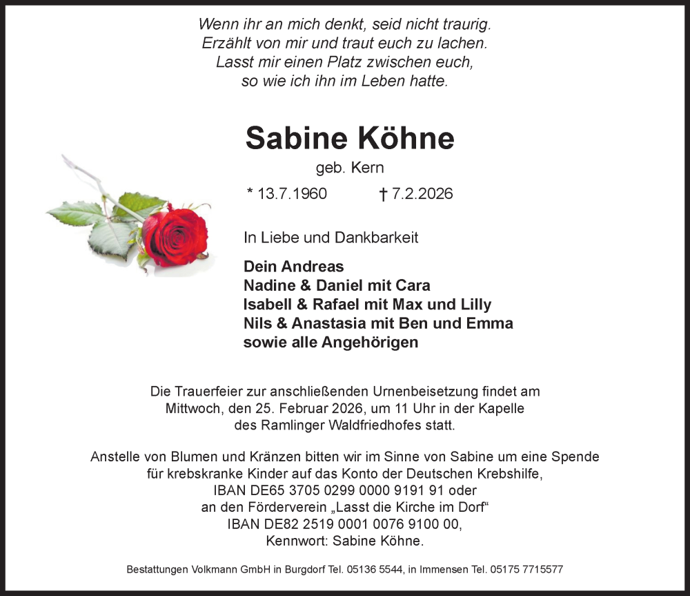  Traueranzeige für Sabine Köhne vom 14.02.2026 aus Hannoversche Allgemeine Zeitung/Neue Presse