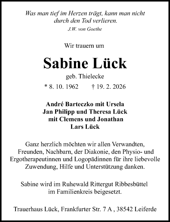 Traueranzeige von Sabine Lück von Aller Zeitung
