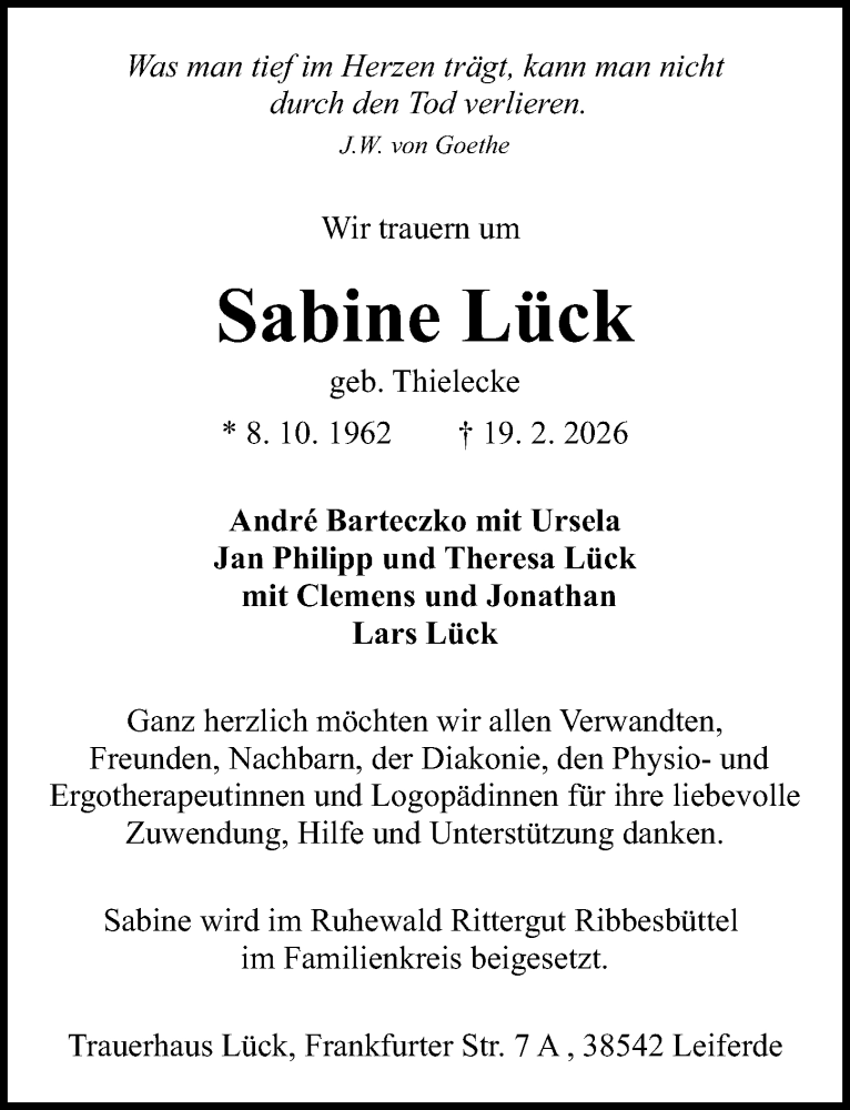  Traueranzeige für Sabine Lück vom 28.02.2026 aus Aller Zeitung