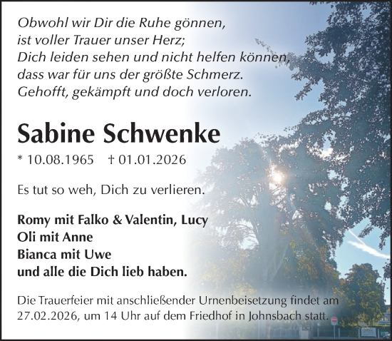 Traueranzeige von Sabine Schwenke von Sächsische Zeitung