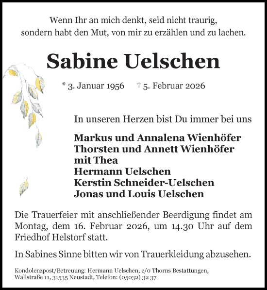 Traueranzeige von Sabine Uelschen von Hannoversche Allgemeine Zeitung/Neue Presse