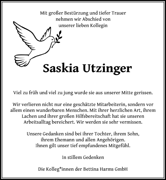 Traueranzeige von Saskia Utzinger von Aller Zeitung
