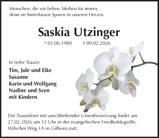 Traueranzeige von Saskia Utzinger von Aller Zeitung