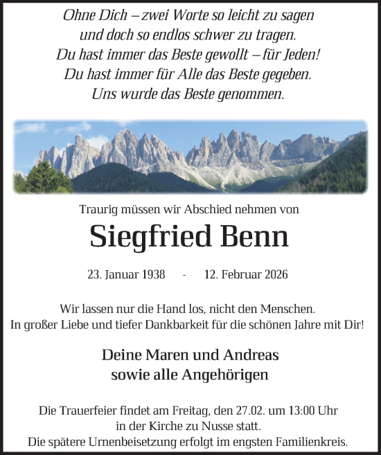 Traueranzeige von Siegfried Benn von Lübecker Nachrichten