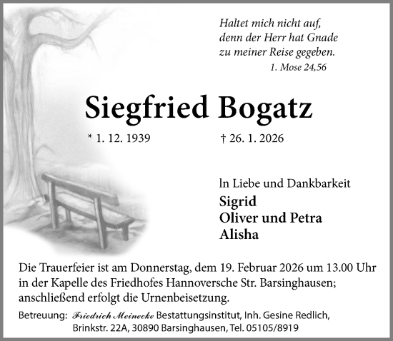 Traueranzeige von Siegfried Bogatz von Hannoversche Allgemeine Zeitung/Neue Presse
