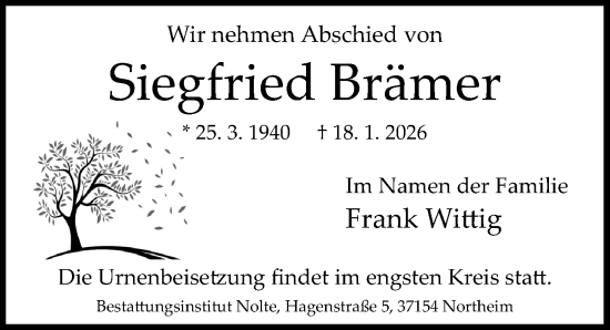 Traueranzeige von Siegfried Brämer von Göttinger Tageblatt