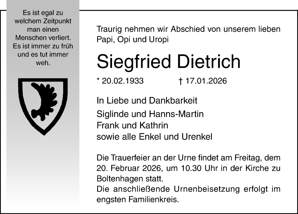  Traueranzeige für Siegfried Dietrich vom 07.02.2026 aus Ostsee-Zeitung GmbH