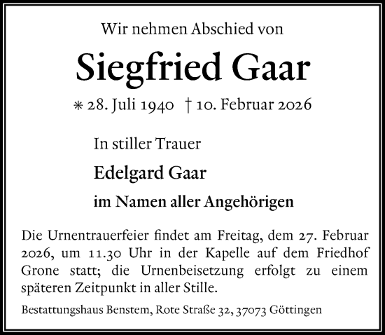 Traueranzeige von Siegfried Gaar von Göttinger Tageblatt
