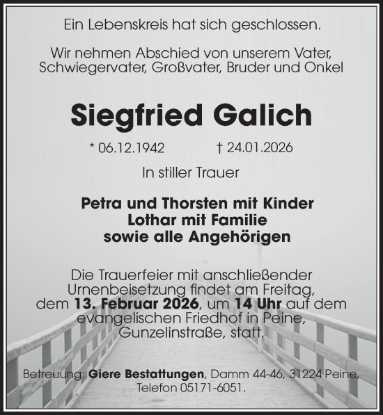 Traueranzeige von Siegfried Galich von Peiner Allgemeine Zeitung