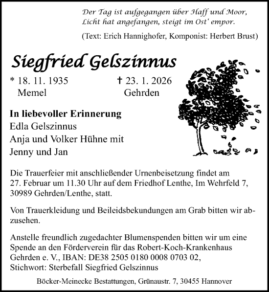 Traueranzeige von Siegfried Gelszinnus von Hannoversche Allgemeine Zeitung/Neue Presse