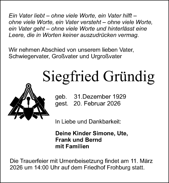 Traueranzeige von Siegfried Gründig von Leipziger Volkszeitung