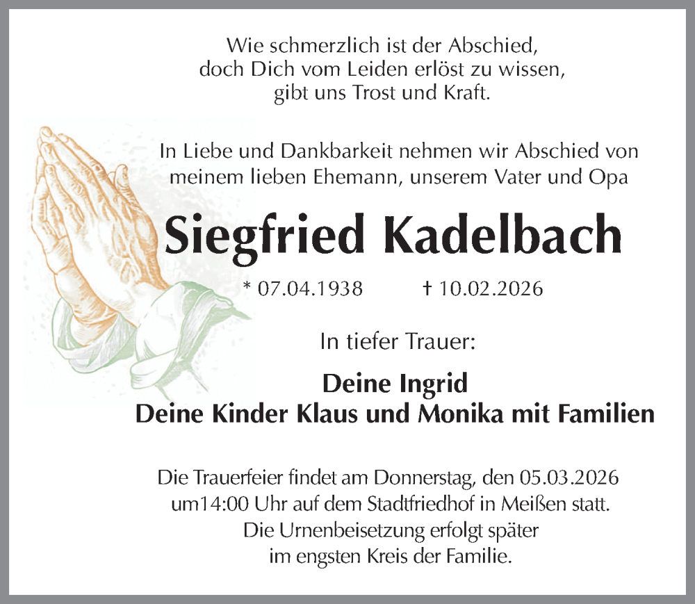  Traueranzeige für Siegfried Kadelbach vom 21.02.2026 aus Sächsische Zeitung
