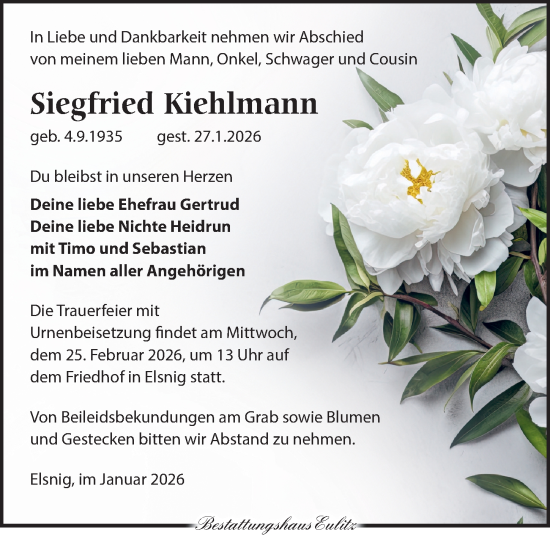 Traueranzeige von Siegfried Kiehlmann von Torgauer Zeitung