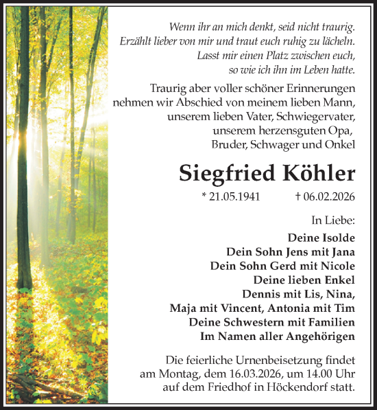 Traueranzeige von Siegfried Köhler von Sächsische Zeitung