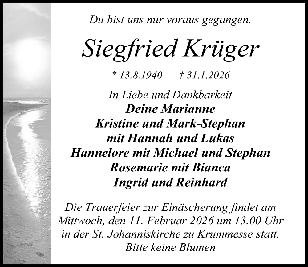  Traueranzeige für Siegfried Krüger vom 08.02.2026 aus Lübecker Nachrichten