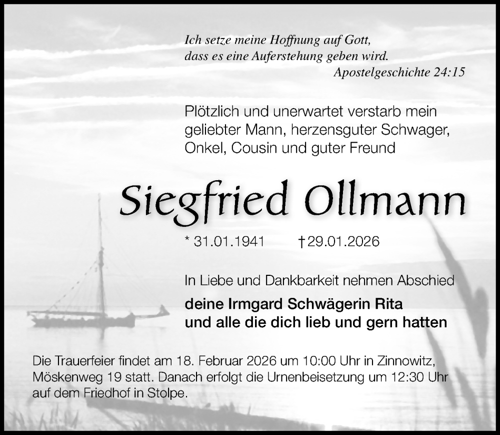 Traueranzeige für Siegfried Ollmann vom 07.02.2026 aus Ostsee-Zeitung GmbH