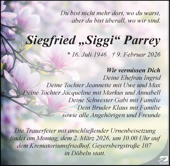 Traueranzeige von Siegfried Parrey von Sächsische Zeitung