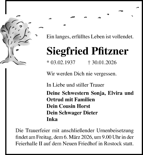 Traueranzeige von Siegfried Pfitzner von Ostsee-Zeitung GmbH