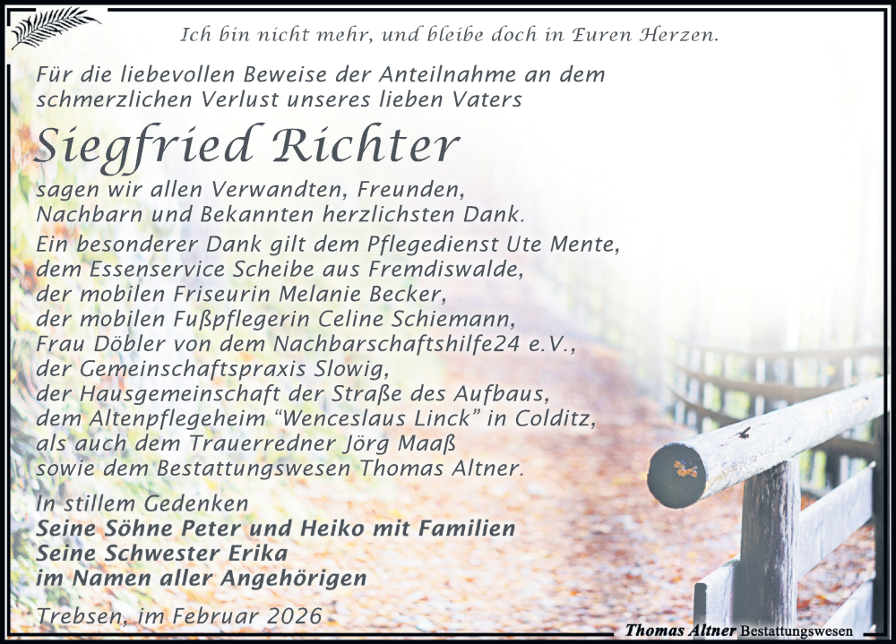  Traueranzeige für Siegfried Richter vom 14.02.2026 aus Leipziger Volkszeitung