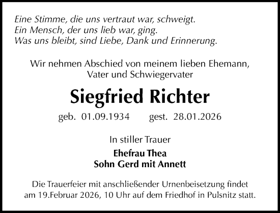 Traueranzeige von Siegfried Richter von Sächsische Zeitung