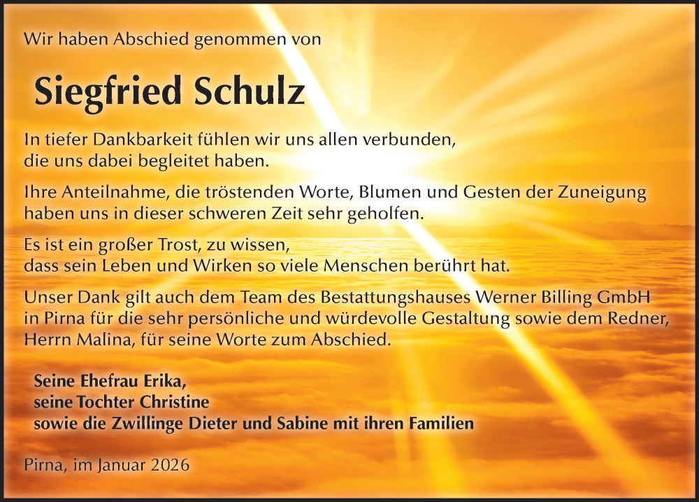  Traueranzeige für Siegfried Schulz vom 07.02.2026 aus Sächsische Zeitung
