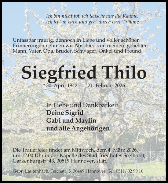 Traueranzeige von Siegfried Thilo von Hannoversche Allgemeine Zeitung/Neue Presse