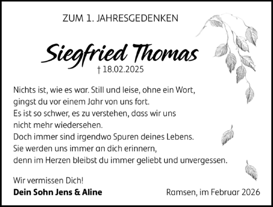 Traueranzeige von Siegfried Thomas von Sächsische Zeitung