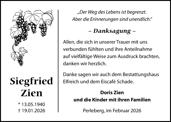 Traueranzeige von Siegfried Zien von Wochenspiegel