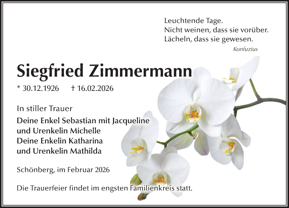  Traueranzeige für Siegfried Zimmermann vom 21.02.2026 aus Ostsee-Zeitung GmbH