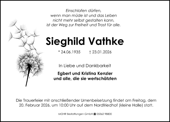 Traueranzeige von Sieghild Vathke von Aller Zeitung
