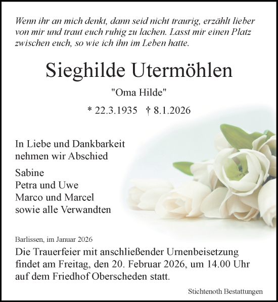 Traueranzeige von Sieghilde Utermöhlen von Göttinger Tageblatt