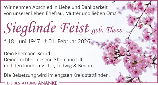 Traueranzeige von Sieglinde Feist von Leipziger Volkszeitung