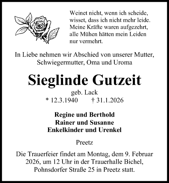 Traueranzeige von Sieglinde Gutzeit von Kieler Nachrichten