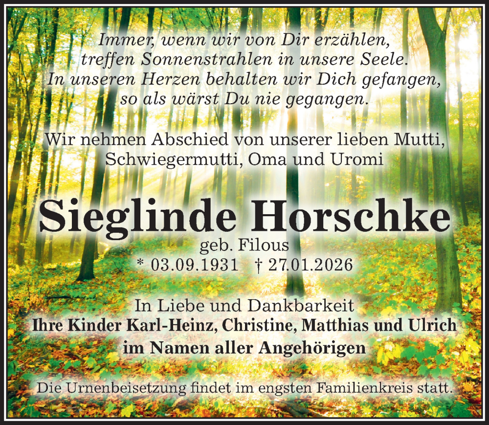  Traueranzeige für Sieglinde Horschke vom 07.02.2026 aus Sächsische Zeitung
