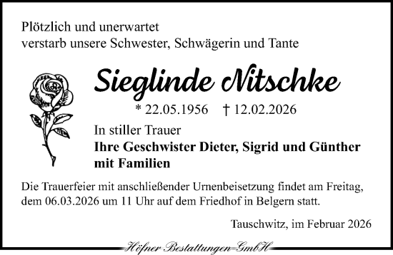 Traueranzeige von Sieglinde Nitschke von Torgauer Zeitung