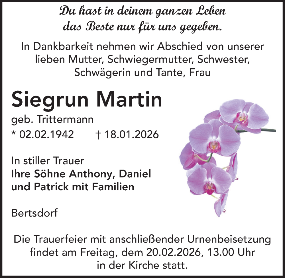  Traueranzeige für Siegrun Martin vom 14.02.2026 aus Sächsische Zeitung