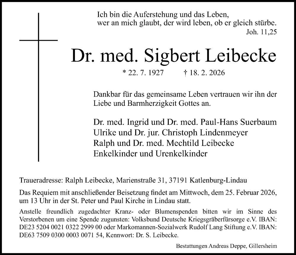  Traueranzeige für Sigbert Leibecke vom 21.02.2026 aus Göttinger Tageblatt