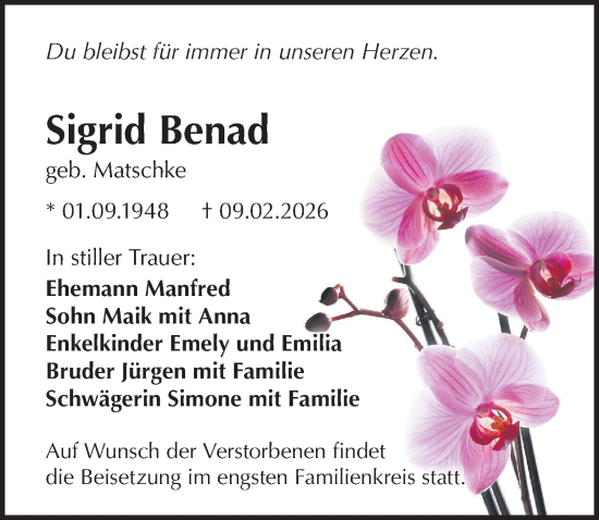 Traueranzeige von Sigrid Benad von Sächsische Zeitung