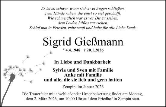 Traueranzeige von Sigrid Gießmann von Ostsee-Zeitung GmbH