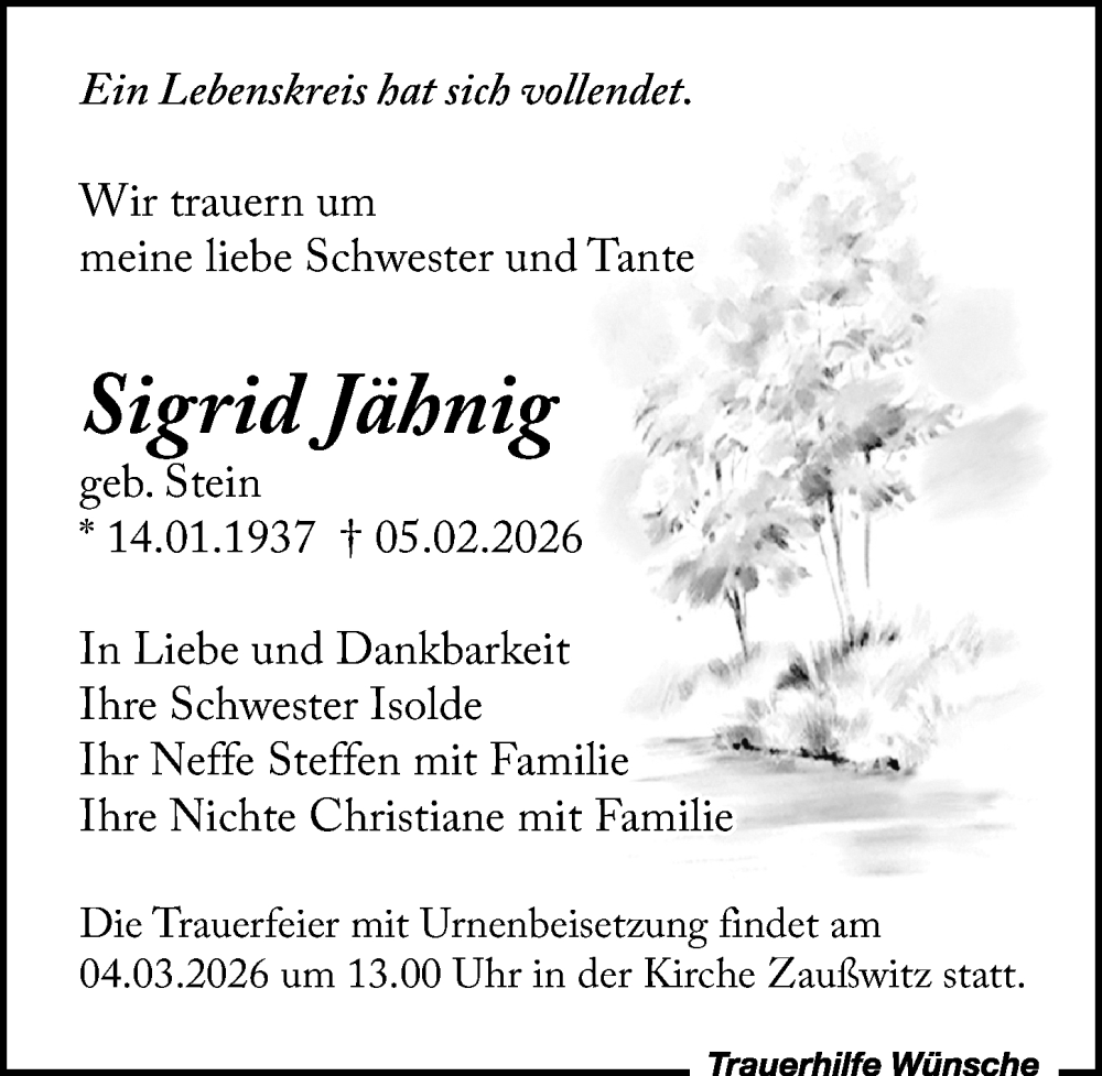  Traueranzeige für Sigrid Jähnig vom 21.02.2026 aus Leipziger Volkszeitung
