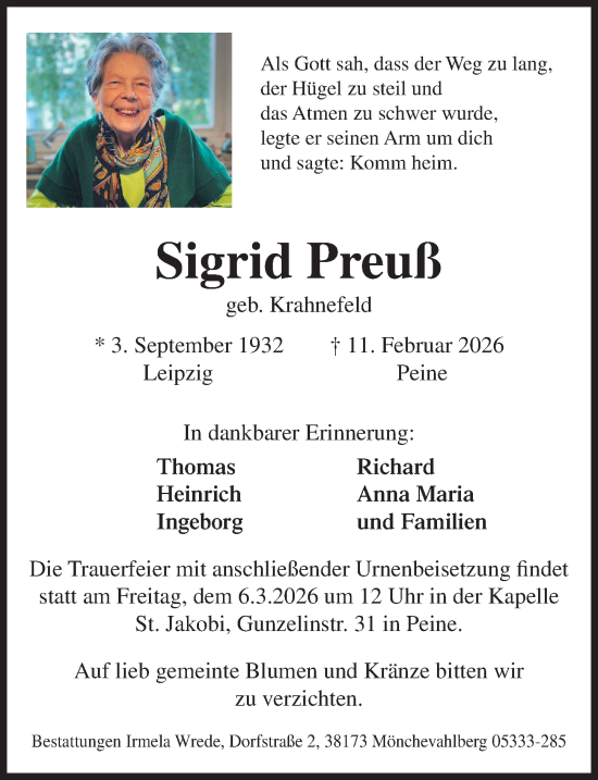Traueranzeige von Sigrid Preuß von Peiner Allgemeine Zeitung
