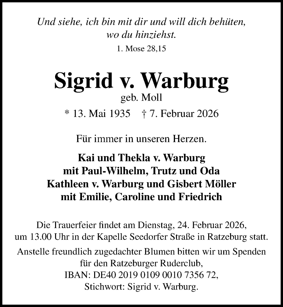  Traueranzeige für Sigrid v. Warburg vom 14.02.2026 aus Lübecker Nachrichten