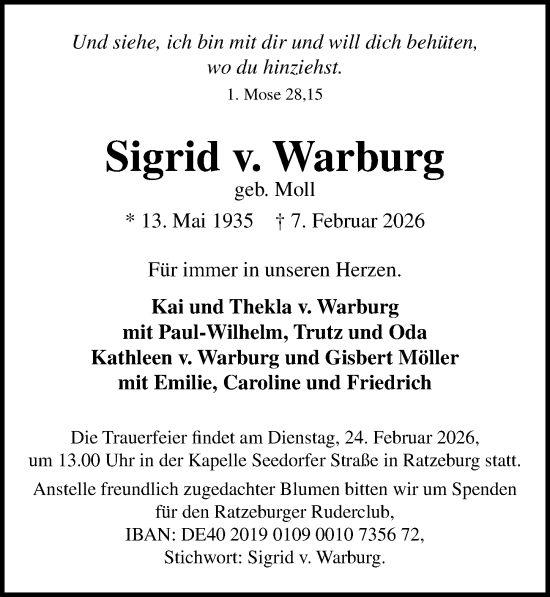 Traueranzeige von Sigrid v. Warburg von Lübecker Nachrichten