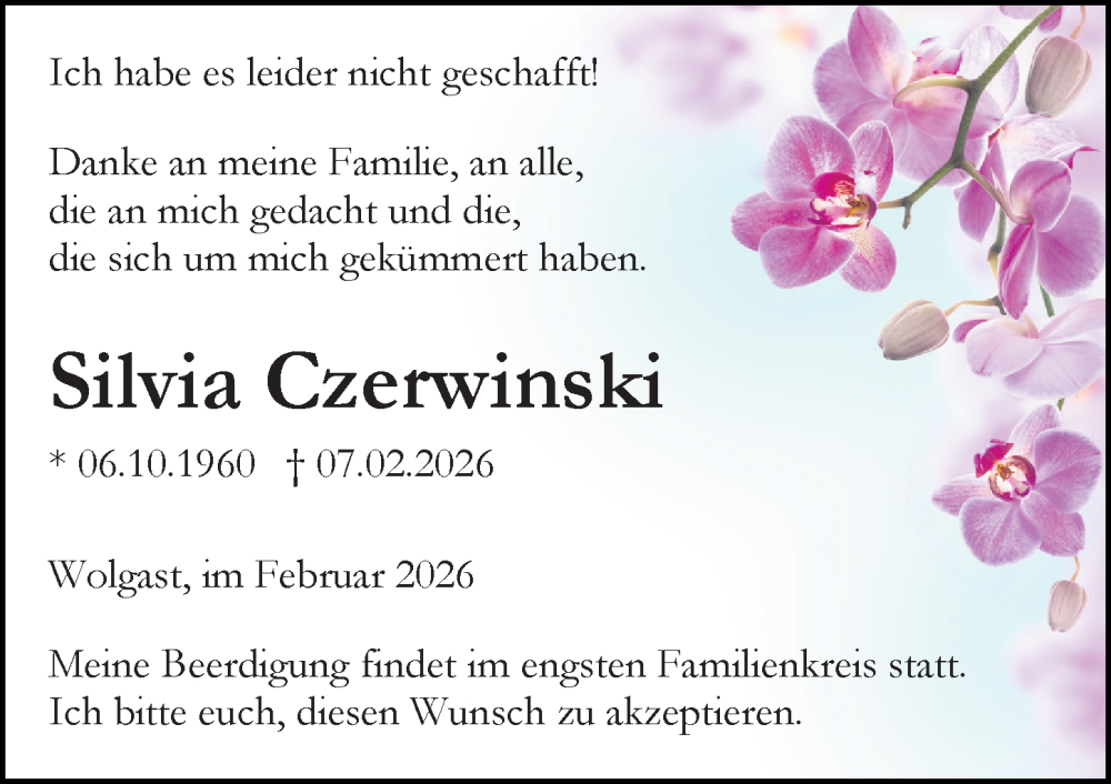 Traueranzeige für Silvia Czerwinski vom 14.02.2026 aus Ostsee-Zeitung GmbH